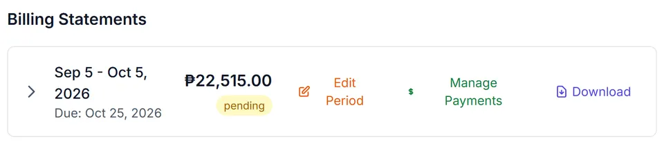 Real app screenshot with sample data: a pending statement of ₱22,515 due 25 October 2026, with its statement controls.