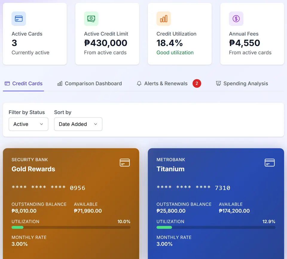 The credit cards screen: totals for three active cards, then each card with its outstanding balance, available credit and utilization.